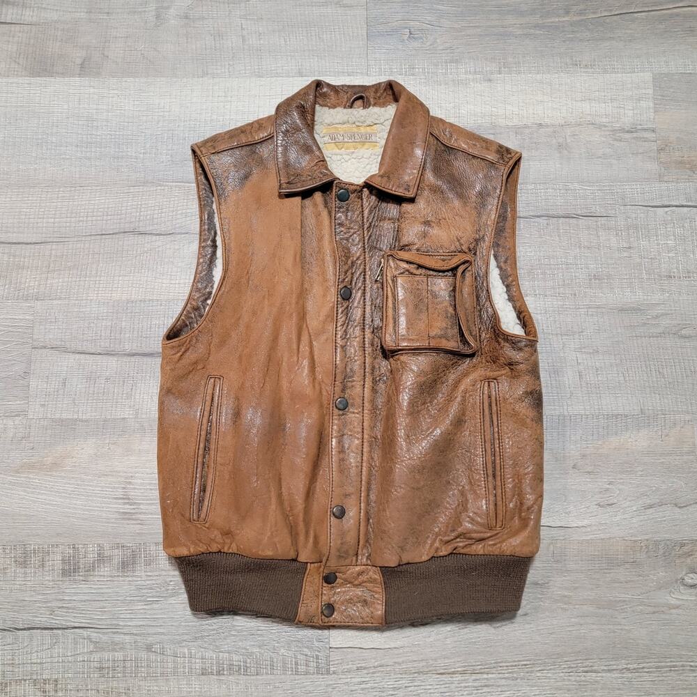 Adam Spencer Leather Tactical Full Zip Utility Vest Mens Small Sherpa Lined VTG
